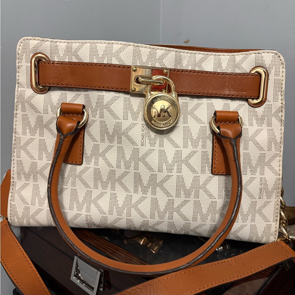 Michael Kors Vanilla and Tan Logo Satchel with Gold Hardware